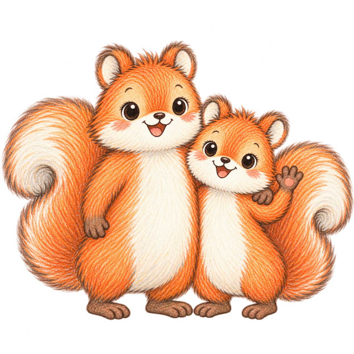 Deux écureuils roux de face : le grand enlace le petit, qui salue de la patte. Dessinés à la main aux crayons de couleur.
